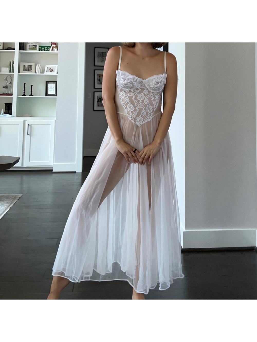 Vintage fantasy lingerie White Lace Mesh Dress Gown Maxi Size M